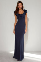 Load image into Gallery viewer, Navy Mermaid Cowl Neck Long Formal Dress with 3D Flowers