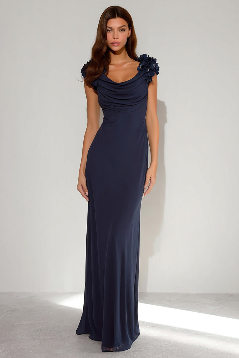 Load image into Gallery viewer, Navy Mermaid Cowl Neck Long Formal Dress with 3D Flowers