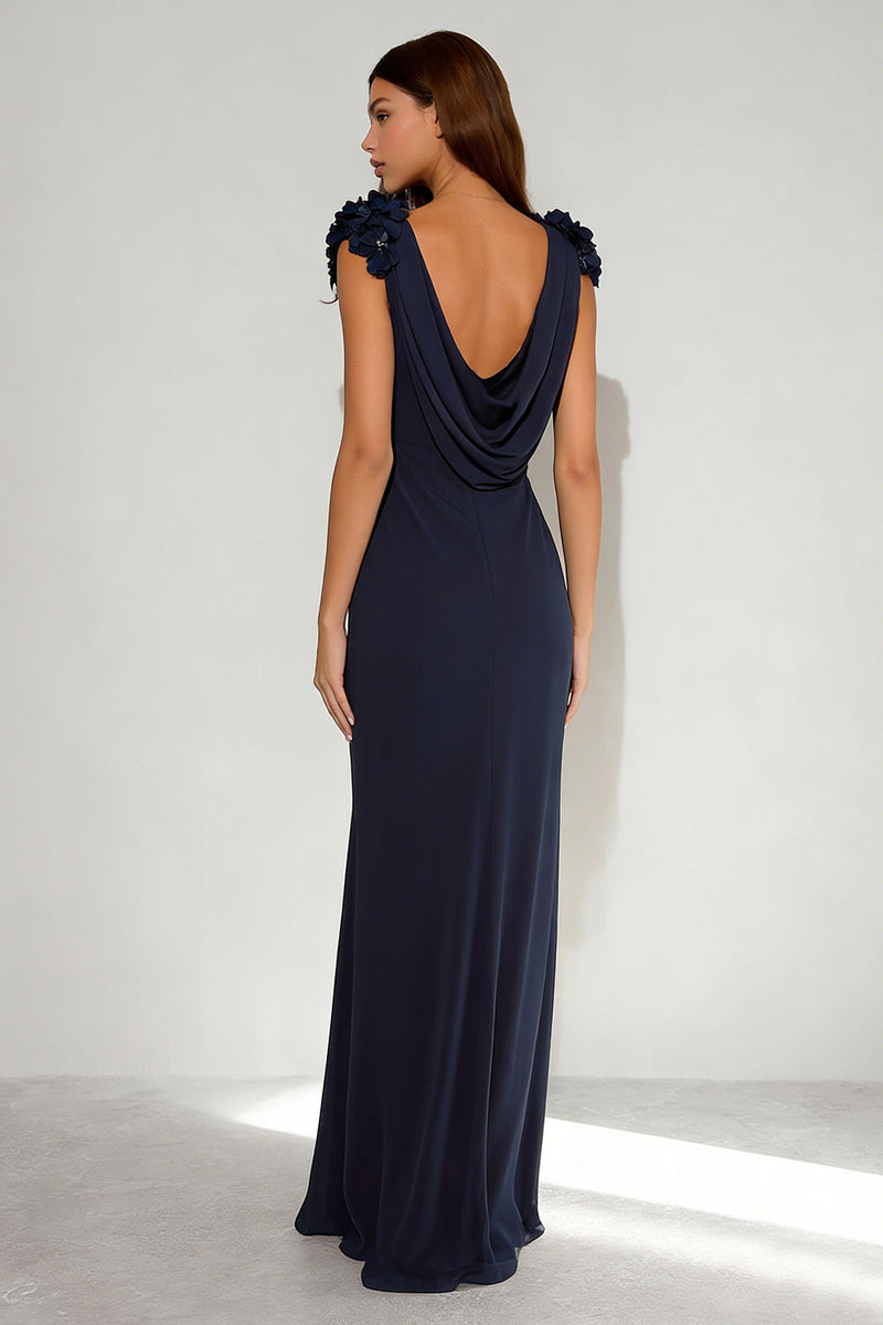 Load image into Gallery viewer, Navy Mermaid Cowl Neck Long Formal Dress with 3D Flowers
