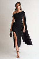 Load image into Gallery viewer, Black Bodycon Asymmetrical Neck Midi Formal Dress with Side Cape