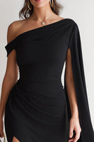 Load image into Gallery viewer, Black Bodycon Asymmetrical Neck Midi Formal Dress with Side Cape