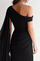 Load image into Gallery viewer, Black Bodycon Asymmetrical Neck Midi Formal Dress with Side Cape