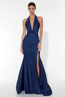 Load image into Gallery viewer, Navy Mermaid Halter Neck Long Formal Dress with Slit