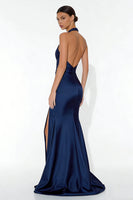 Load image into Gallery viewer, Navy Mermaid Halter Neck Long Formal Dress with Slit