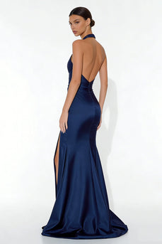 Navy Mermaid Halter Neck Long Formal Dress with Slit