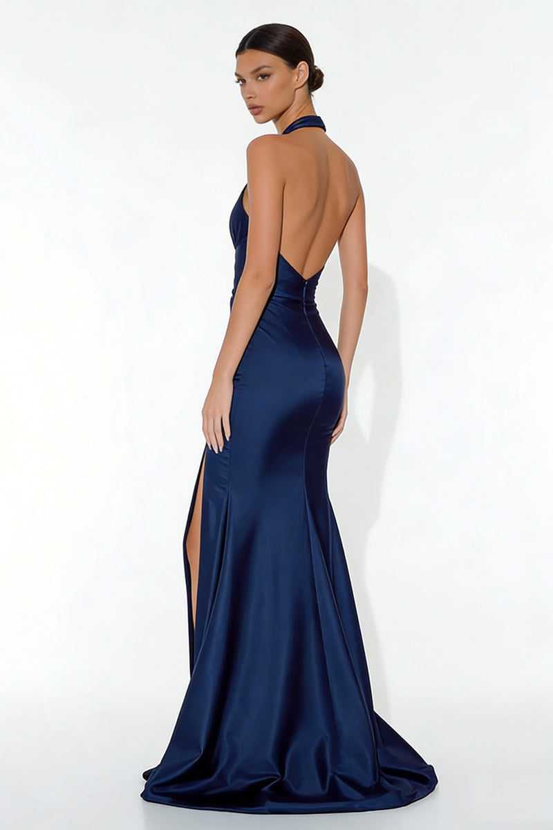 Load image into Gallery viewer, Navy Mermaid Halter Neck Long Formal Dress with Slit