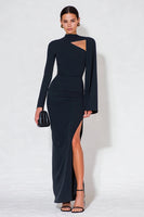 Load image into Gallery viewer, Navy Mermaid High Neck Long Sleeves Formal Dress with Slit