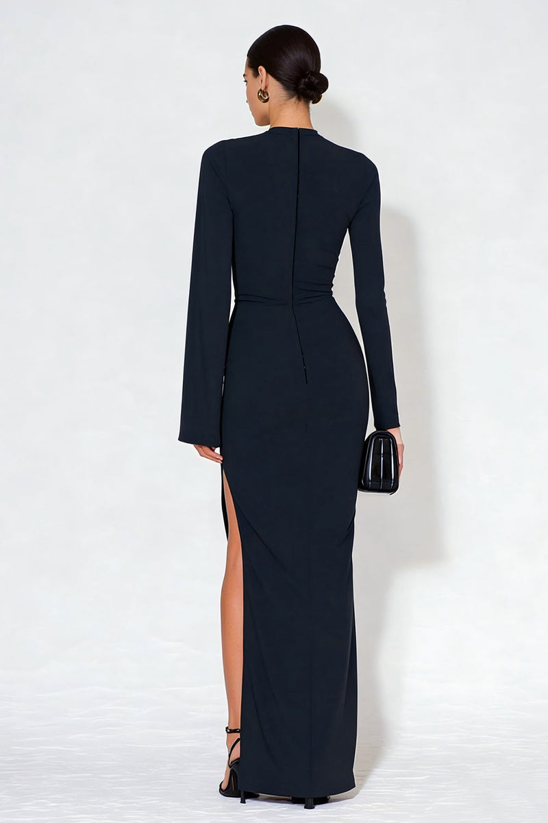 Load image into Gallery viewer, Navy Mermaid High Neck Long Sleeves Formal Dress with Slit