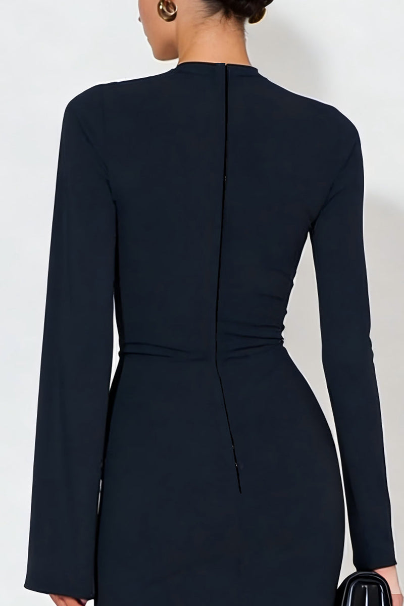 Load image into Gallery viewer, Navy Mermaid High Neck Long Sleeves Formal Dress with Slit