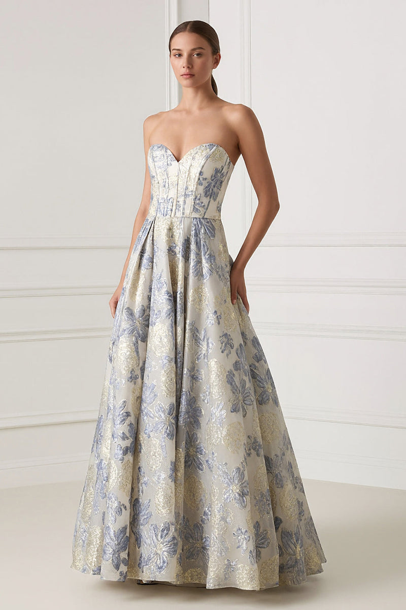 Load image into Gallery viewer, Dusty Blue Sweetheart Floral A Line Long Corset Formal Dress