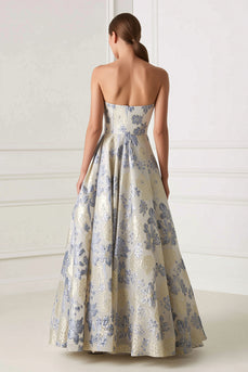 Dusty Blue Sweetheart Floral A Line Long Corset Formal Dress