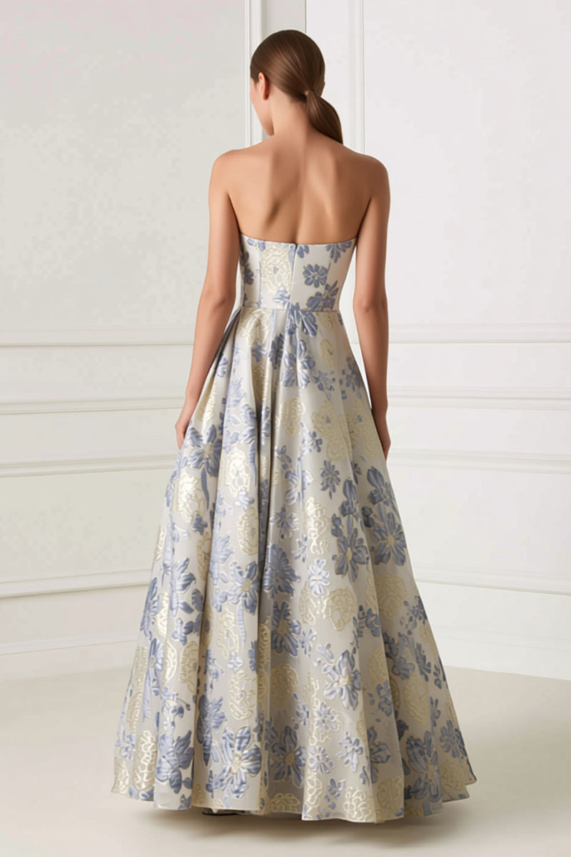 Load image into Gallery viewer, Dusty Blue Sweetheart Floral A Line Long Corset Formal Dress