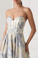 Load image into Gallery viewer, Dusty Blue Sweetheart Floral A Line Long Corset Formal Dress