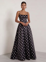 Load image into Gallery viewer, White and Black Polka Dots A Line Spaghetti Straps Long Formal Dress