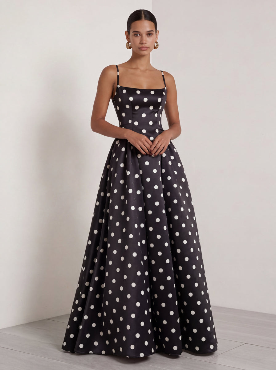 Load image into Gallery viewer, White and Black Polka Dots A Line Spaghetti Straps Long Formal Dress