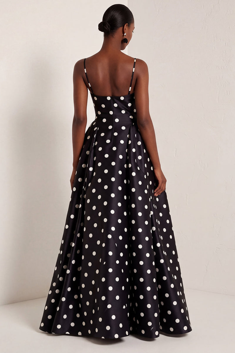 Load image into Gallery viewer, White and Black Polka Dots A Line Spaghetti Straps Long Formal Dress