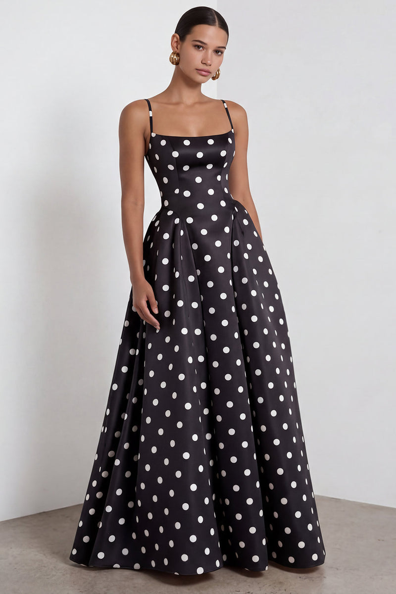 Load image into Gallery viewer, White and Black Polka Dots A Line Spaghetti Straps Long Formal Dress