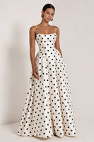 Load image into Gallery viewer, White and Black Polka Dots A Line Spaghetti Straps Long Formal Dress