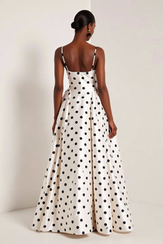 White and Black Polka Dots A Line Spaghetti Straps Long Formal Dress