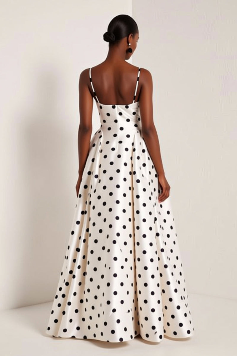 Load image into Gallery viewer, White and Black Polka Dots A Line Spaghetti Straps Long Formal Dress