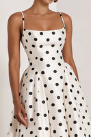 Load image into Gallery viewer, White and Black Polka Dots A Line Spaghetti Straps Long Formal Dress