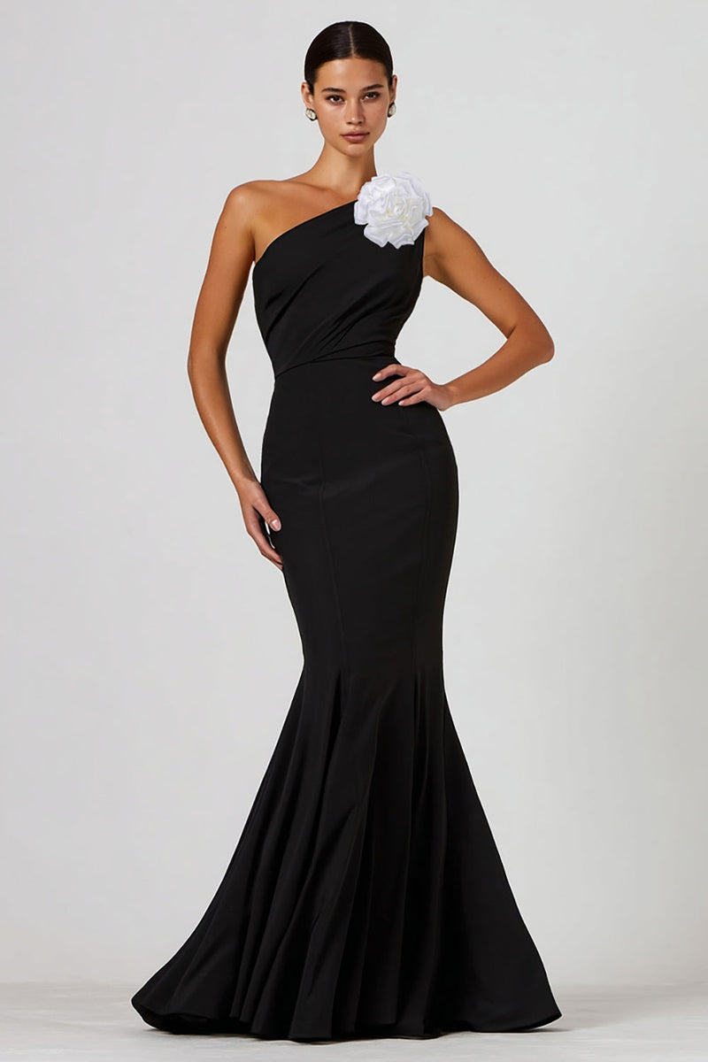 Load image into Gallery viewer, Black Mermaid One Shoulder Long Formal Dress with 3D Flower