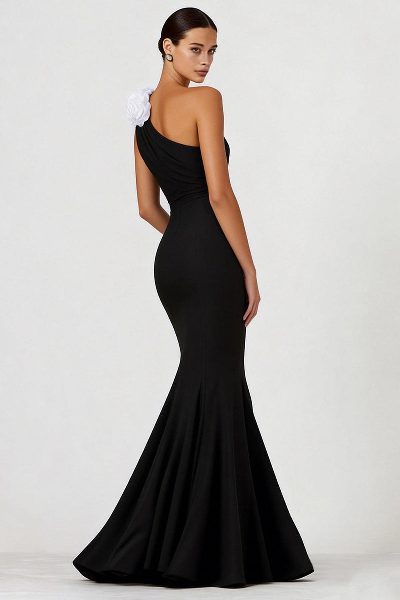 Load image into Gallery viewer, Black Mermaid One Shoulder Long Formal Dress with 3D Flower