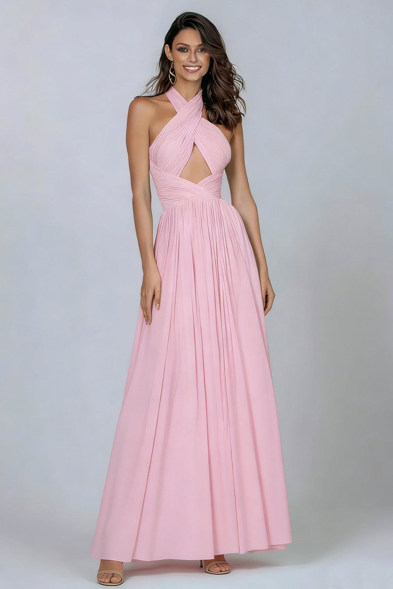 Load image into Gallery viewer, Pink Halter Neck Pleated A Line Long Formal Dress with Keyhole