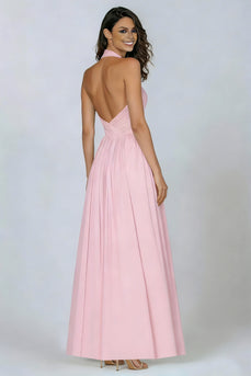 Pink Halter Neck Pleated A Line Long Formal Dress with Keyhole