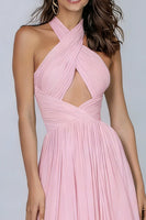 Load image into Gallery viewer, Pink Halter Neck Pleated A Line Long Formal Dress with Keyhole