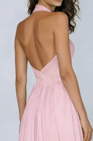 Load image into Gallery viewer, Pink Halter Neck Pleated A Line Long Formal Dress with Keyhole