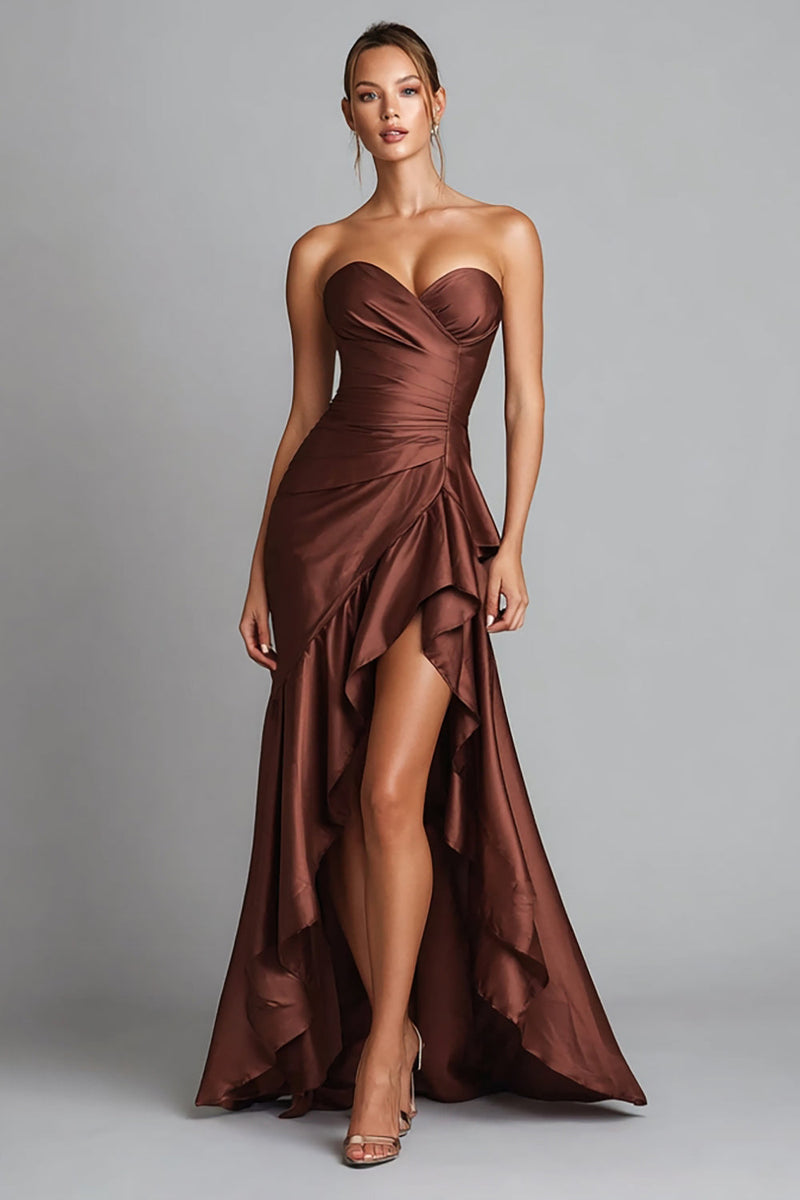 Load image into Gallery viewer, Brown Mermaid Sweetheart Ruffled Asymmetrical Formal Dress with Slit