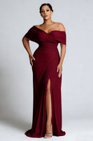Load image into Gallery viewer, Burgundy Plus Size Sheath Off the Shoulder Long Formal Dress with Slit