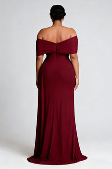 Burgundy Plus Size Sheath Off the Shoulder Long Formal Dress with Slit