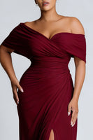 Load image into Gallery viewer, Burgundy Plus Size Sheath Off the Shoulder Long Formal Dress with Slit