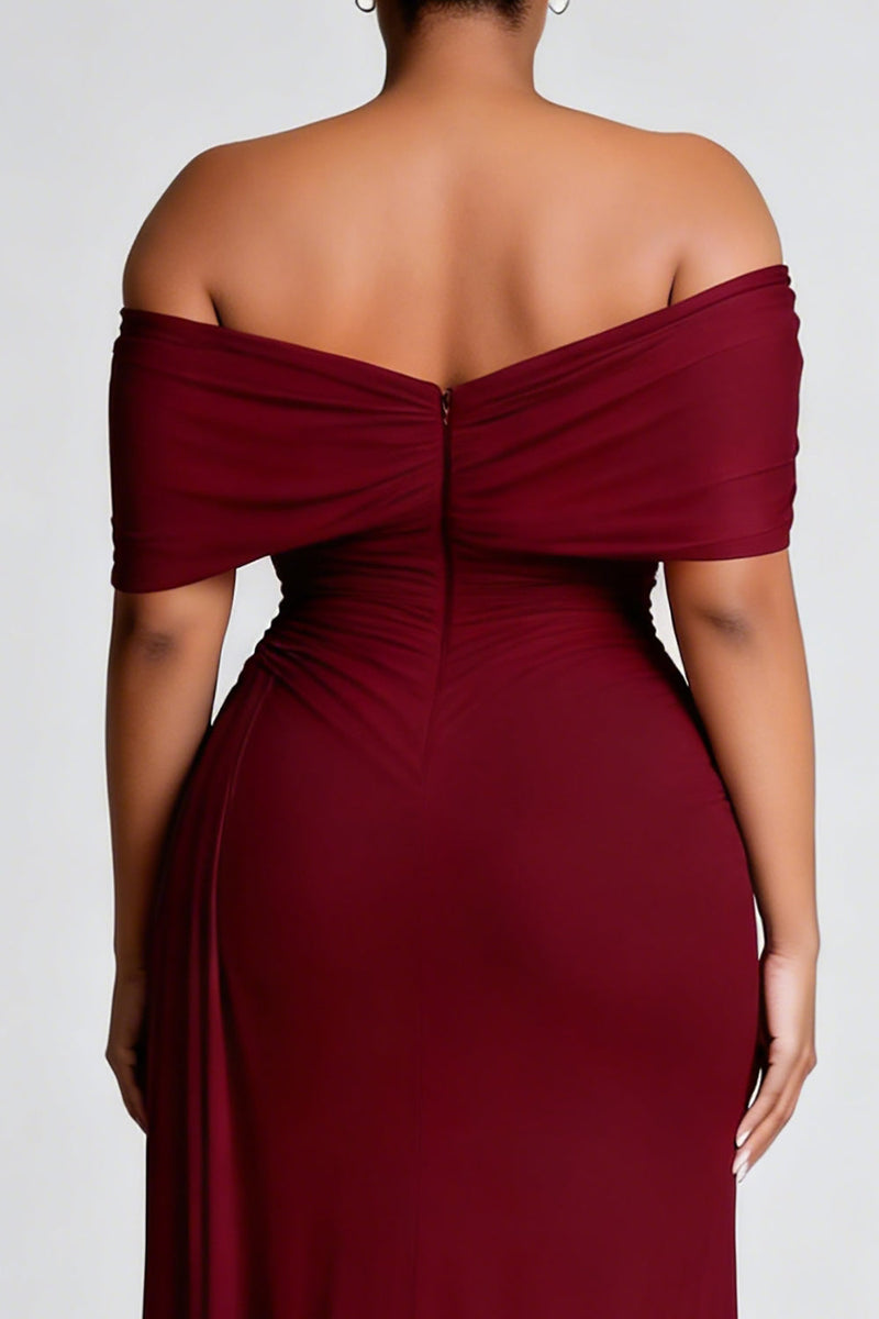 Load image into Gallery viewer, Burgundy Plus Size Sheath Off the Shoulder Long Formal Dress with Slit