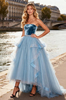 Load image into Gallery viewer, Sparkly Sky Blue Tulle A Line Velvet Long Prom Dress with Ruffles