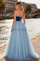 Load image into Gallery viewer, Sparkly Sky Blue Tulle A Line Velvet Long Prom Dress with Ruffles