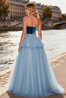 Sparkly Sky Blue Tulle A Line Velvet Long Prom Dress with Ruffles