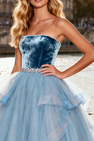 Load image into Gallery viewer, Sparkly Sky Blue Tulle A Line Velvet Long Prom Dress with Ruffles