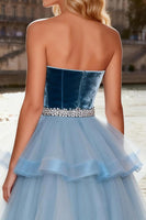 Load image into Gallery viewer, Sparkly Sky Blue Tulle A Line Velvet Long Prom Dress with Ruffles