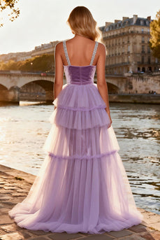 Sparkly Purple Velvet Ruffled Long Beaded Prom Dress with Cape
