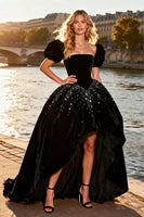 Load image into Gallery viewer, Sparkly Black Velvet A Line High-Low Beaded Prom Dress