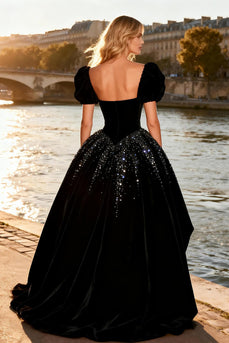 Sparkly Black Velvet A Line High-Low Beaded Prom Dress
