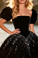 Load image into Gallery viewer, Sparkly Black Velvet A Line High-Low Beaded Prom Dress