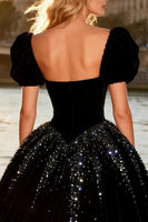 Load image into Gallery viewer, Sparkly Black Velvet A Line High-Low Beaded Prom Dress