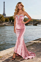 Load image into Gallery viewer, Sparkly Pink Velvet Mermaid Beaded Long Prom Dress