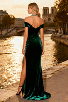 Load image into Gallery viewer, Sparkly Dark Green Velvet Beaded Long Corset Prom Dress with Slit
