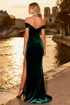 Sparkly Dark Green Velvet Beaded Long Corset Prom Dress with Slit