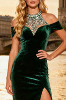 Load image into Gallery viewer, Sparkly Dark Green Velvet Beaded Long Corset Prom Dress with Slit